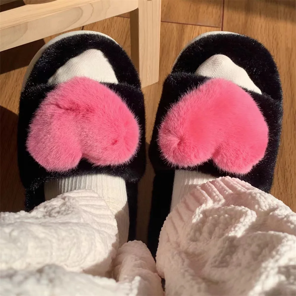 SENDNAKAI Heart Love Fluffy Fur Slippers Women Warm Open Toe Plush Memory Foam Slide Slippers Home 2023 Winter Indoor Shoes