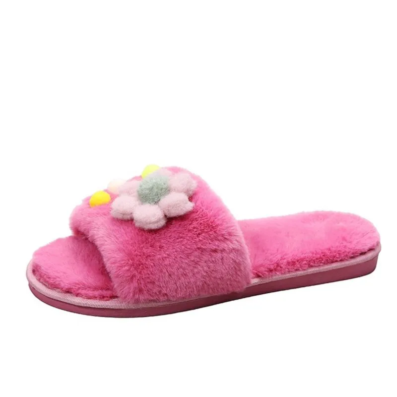

2022 Women's Fluffy Fur Slippers Lady Autumn Winter Open Toe Home Warm Flock Shoes Candy Color Soft Furry Floor Flats Slides New
