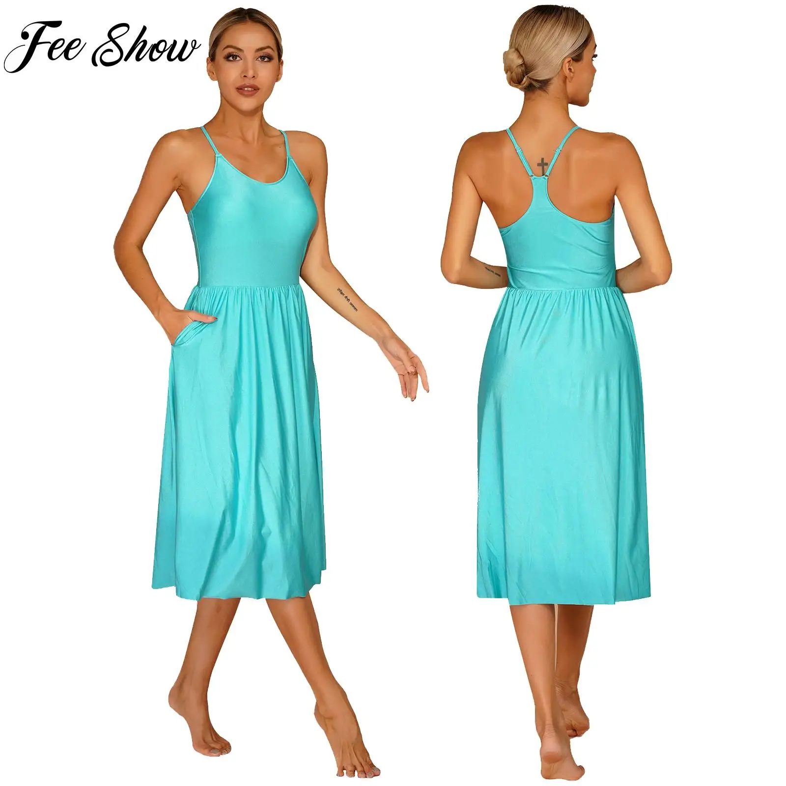 

Womens Athletic Dress Tennis Built-in Shorts Removable Pads Adjustable Straps Tennis Golf Sport Midi Dresses for Dance Workout