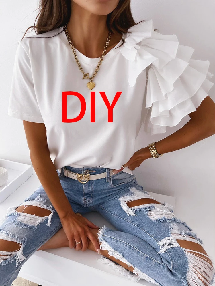 

Simple T Shirt Diy Your Logo Women Clothing Summer Fashion Ruffle Short Sleeve T-Shirt Print Something You Like Pics Tops Women