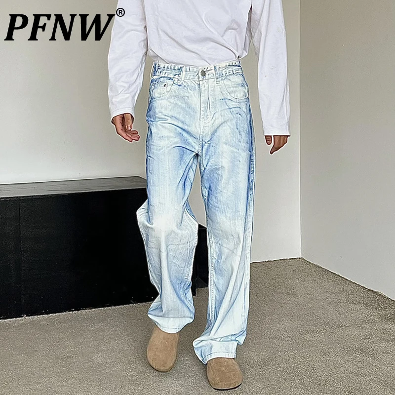 

PFNW Men's Niche Retro Washing Retro Spray Painted Skinny Jeans Retro High Street Trendy Tie Dyed Straight Denim Pants 12Z4522