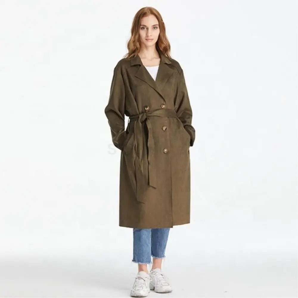 Women Winter Real Suede double-breasted Coat Long With Belted Pure Color Fashion Windbreaker Leisure Lapel Loose Jacket