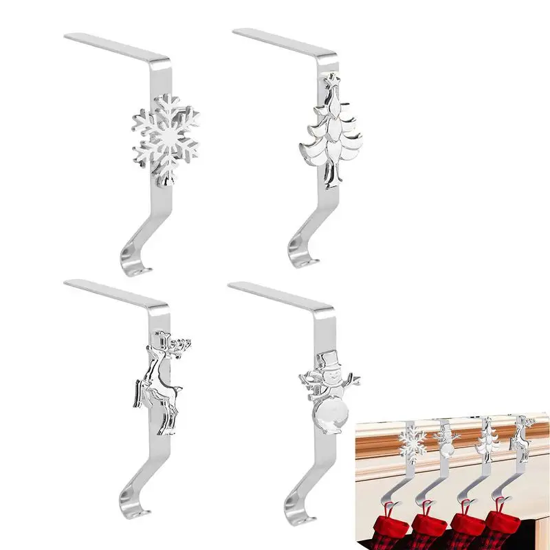 

Christmas Stocking Hooks 4Pcs Christmas Stocking Hangers For Mantel Fireplace Metal Stocking Hangers With Santa Snowman Elk