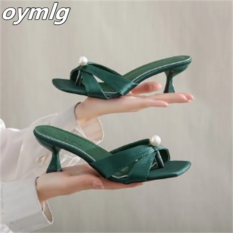 

Green satin high-heeled temperament sandals women's stiletto 2022 summer new casual flip-flops women's back empty slippers