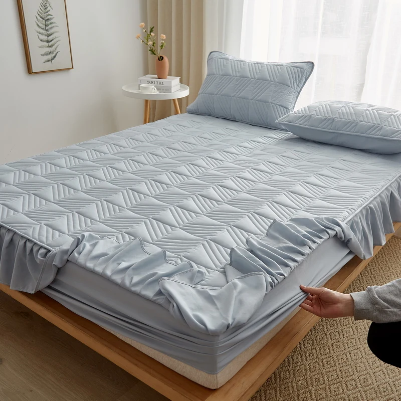 

Bonenjoy 1Pc Quilted Fitted Sheet With Elastic Queen/King Size Bed Sheet Skirt Blue Gray Color Double Bed Covers (No Pillowcase)