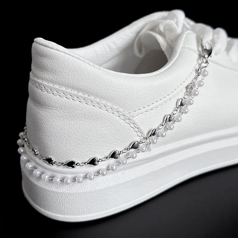 2PCS Double Layer Metal Heart Chains Shoe Buckles Punk Vintage Gold Pearls Chain Shoes Accessories Creative Jewelry Wholesale