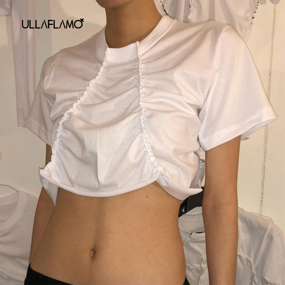 

Sexy Irregular Top Ladies T-shirt Drawstring Cotton O Neck Short T-Shirt Pure White Pleated Street Style Korean Style Crop Top