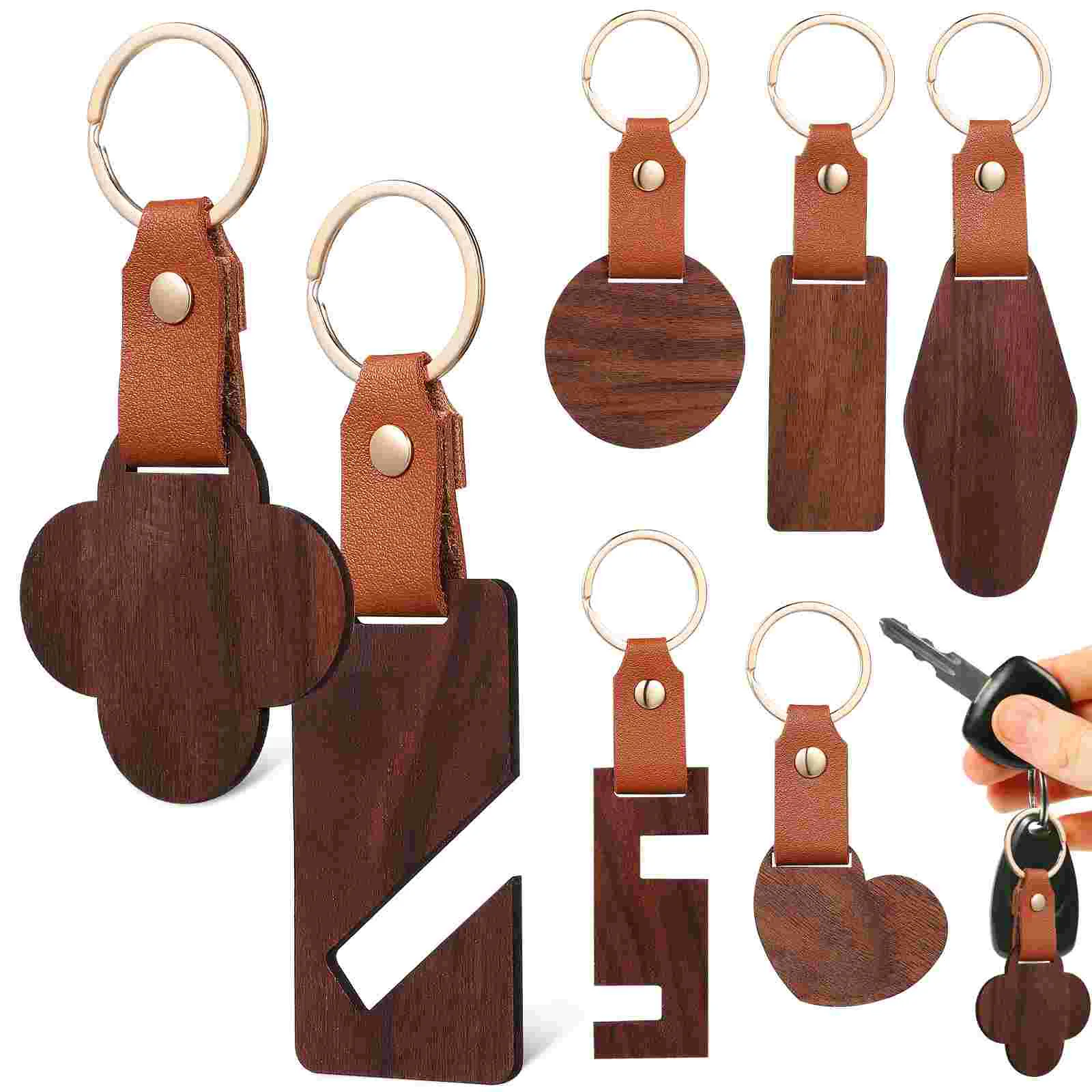 

7 Pcs Keychain Novelty Keychains Blanks Round Wood Ring Pendants Vintage