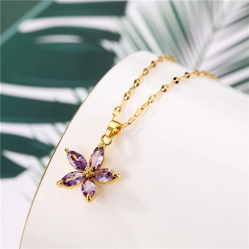 

Popular Exquisite New Purple Small Flower Zircon Clavicle Chain Stainless Steel Inlaid Zircon Necklace for Women Daily Jewelry