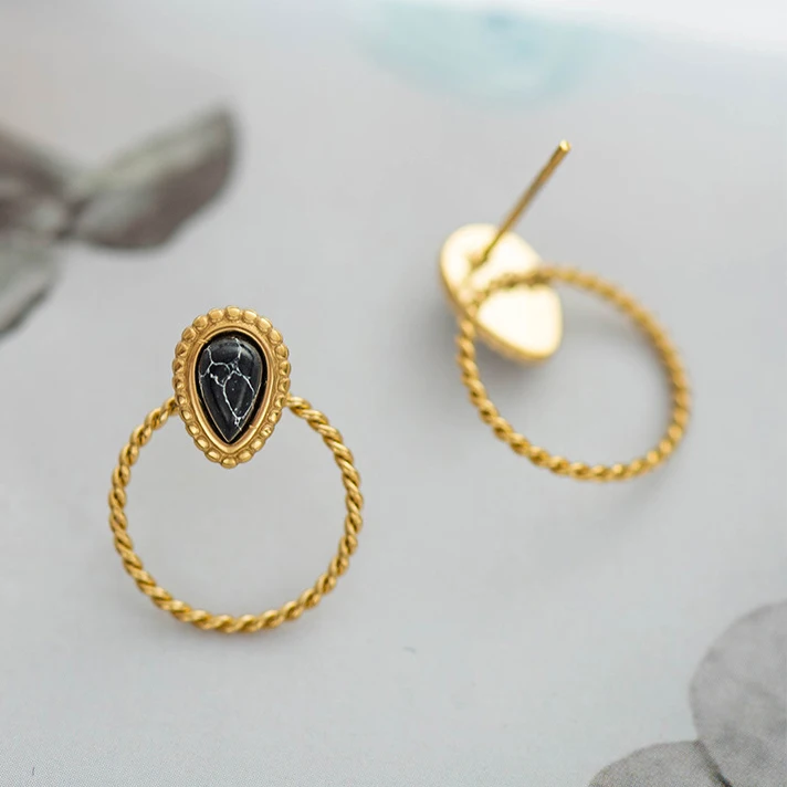 Modne okrągłe kolczyki sztyfty ze stali nierdzewnej dla kobiet cyrkon kropelki wody kamień naturalny plecione koła biżuteria prezenty