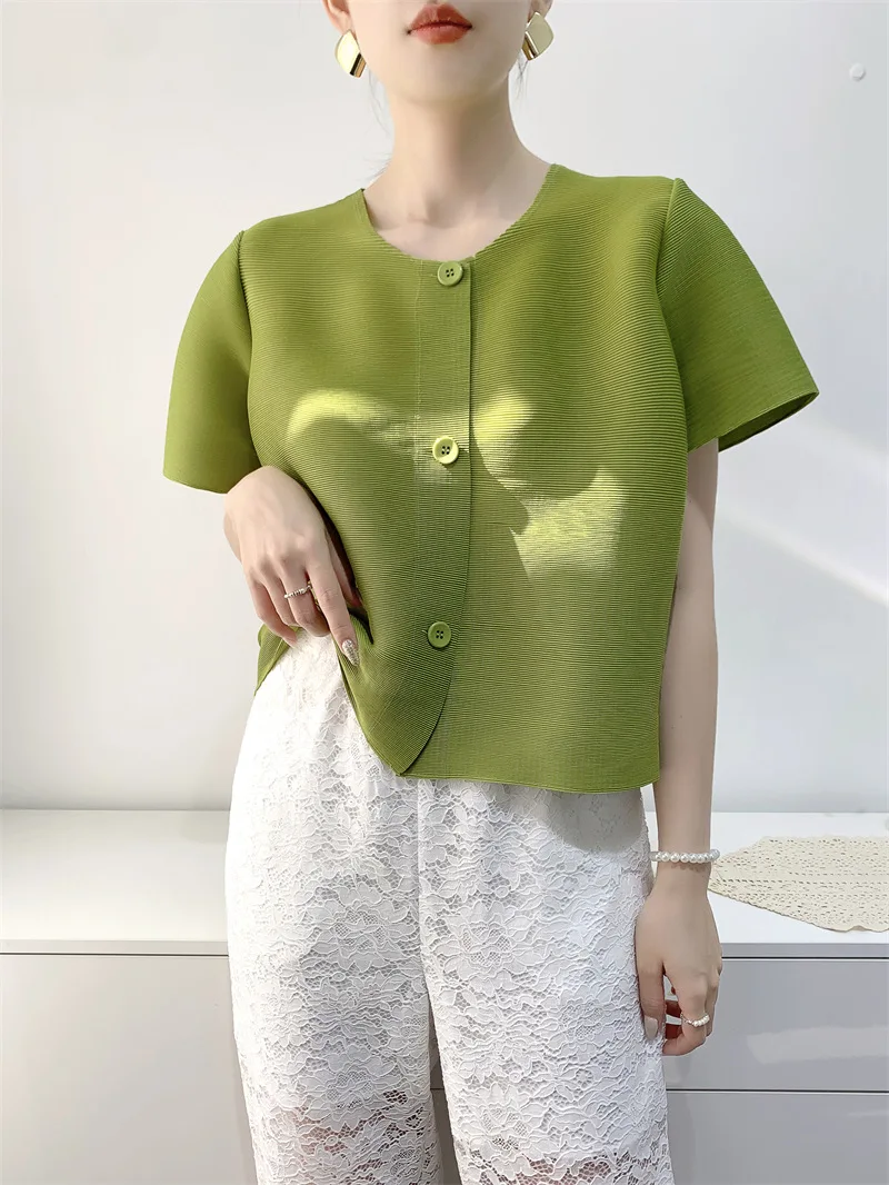 

Miyake-Women's Pleated T-shirt, Short Jump Shirt, Monochromatic, Single-Breasted, Comfort and Casual Cardigan, Summer, New, 2021