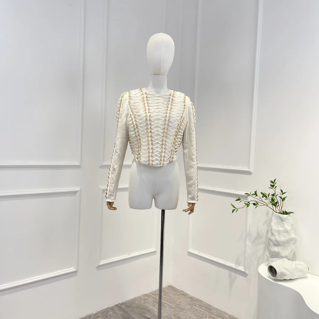 

Solid White Top Quality Long Sleeves Metal Buttons Cross Straps Cropped Bodice Back Zipper Top Women 2023