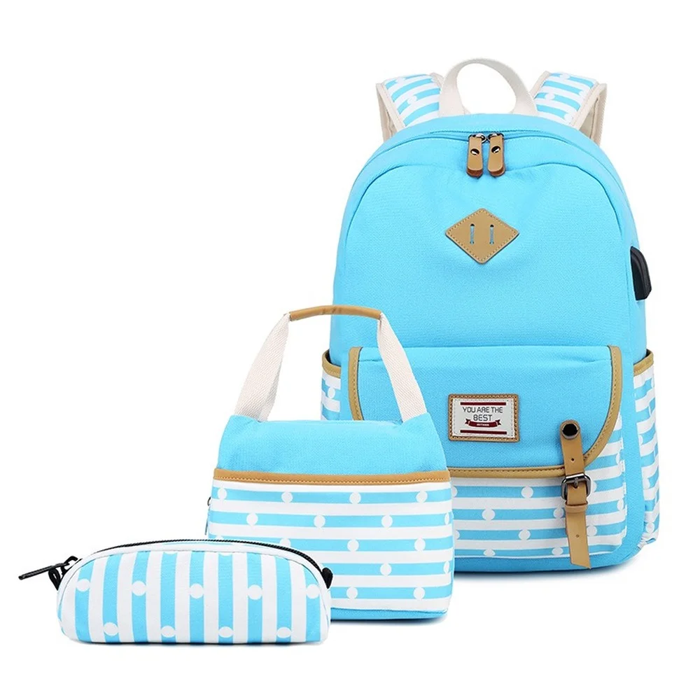 Canvas School Bags Striped Rucksack Casual Daypack Laptop Backpack College Student Bag Backpack , with Lunch Box Bag Pencil Case