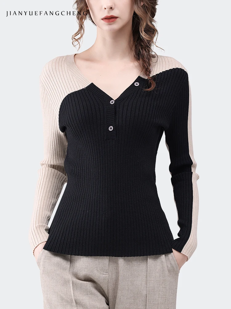 Женский трикотажный свитер с V-образным вырезом и длинным рукавом