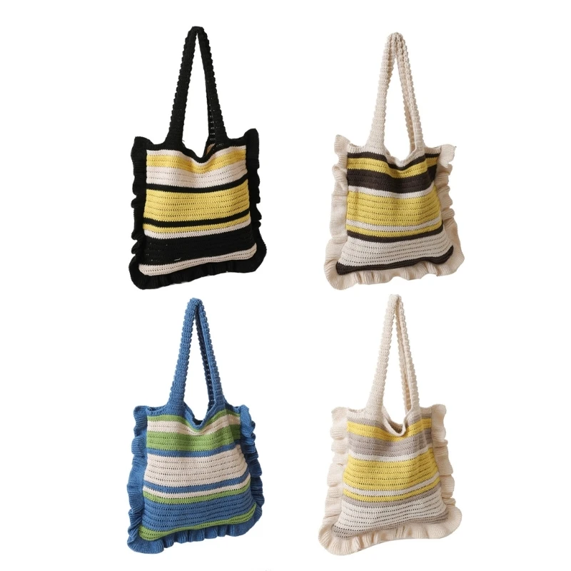 

X4FF Woven Striped Handbags Versatile Fashion Trendy Bag Crochet Knitted Shoulder Bag