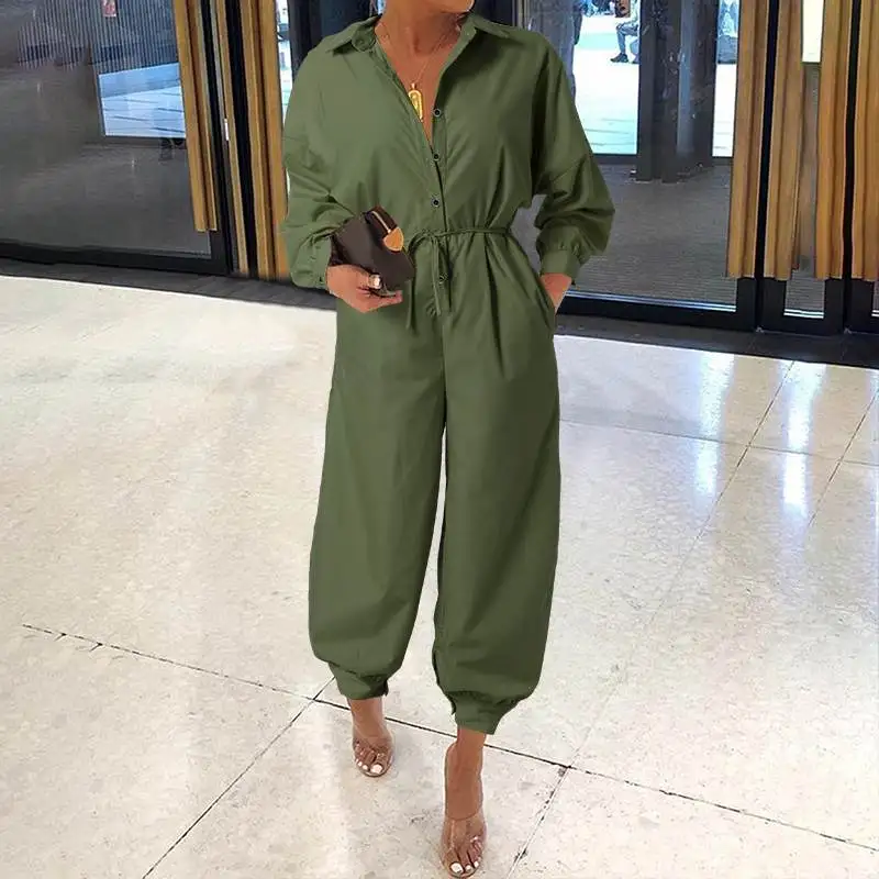 

Women Long-sleeved Belt Cargo Jumpsuit 2021 Lapel Solid Color Casual Jumpsuit S-5XL New Women Retro Autumn Button Work Clothes
