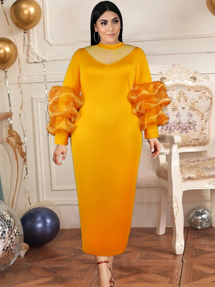 

Women Maxi Dresses Long Lantern Sleeve Patchwork Yellow Bodycon Ladies Celebrate Event Occasion Dinner Party Robes with Slit