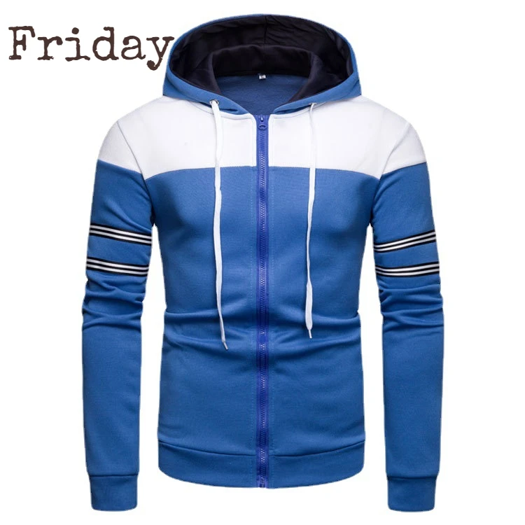 

Urban Fashion Contrast Color Sweatshirt Explosive American Stitching Striped Cardigan Sweater Casual Hooded Zipper Jacket Men's