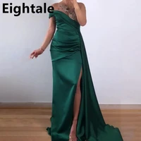 emerald green mermaid satin evening dress for wedding party sexy illusion long sleeve side slit prom dress formal party gown