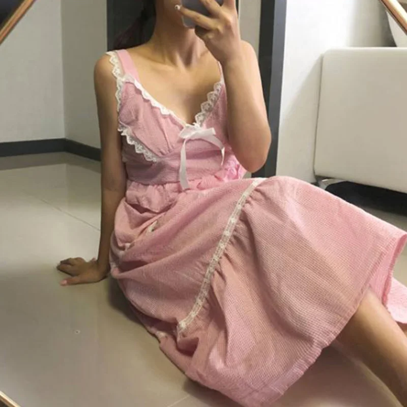 Женская кружевная ночная рубашка в клетку элегантная свободная Ночная на