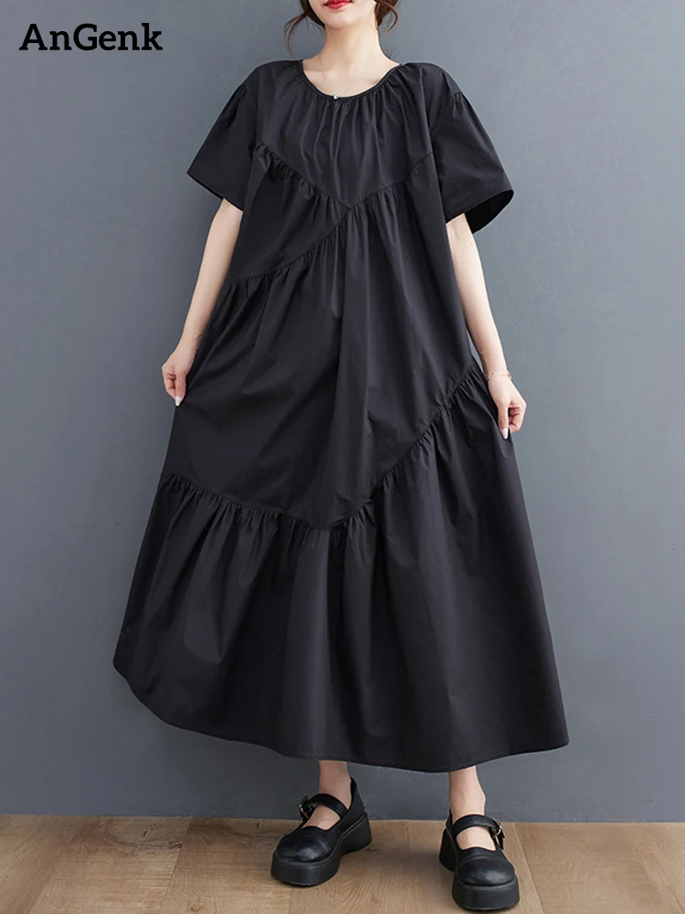 

Женское винтажное платье с коротким рукавом, черное свободное повседневное длинное платье составного кроя со складками, лето 2023