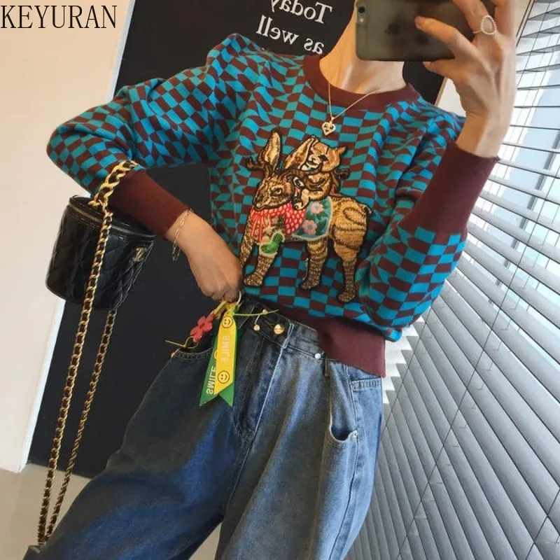 

Женский винтажный клетчатый свитер, облегающий трикотажный джемпер с круглым вырезом и длинными рукавами, корейский стиль, Осень-зима 2023
