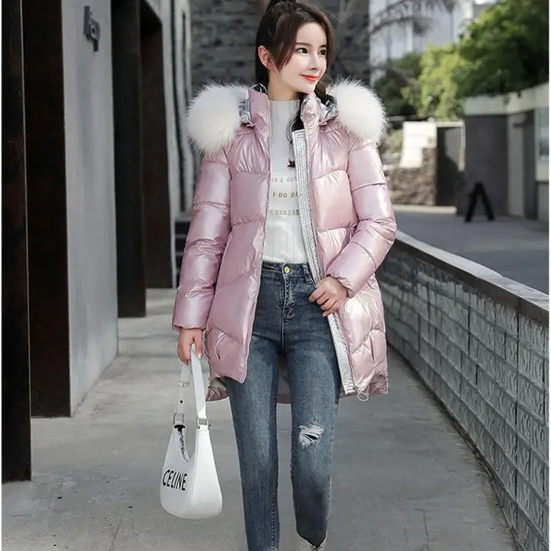 New 2023 Winter Women's Parka Fur Collar Hooded Coat Female Jacket Long Casual Thick Warm Ladies Parkas Snow Wear Silver