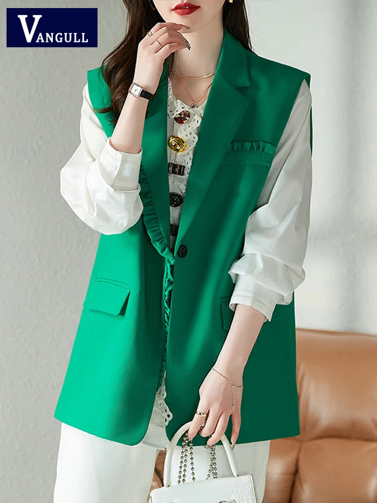 

Vangull Korea Style Green Chiffon Vest Women Sleeveless V-Neck Solid Waistcoat Female Ruffled Edge One Button Slim Ladies Vest
