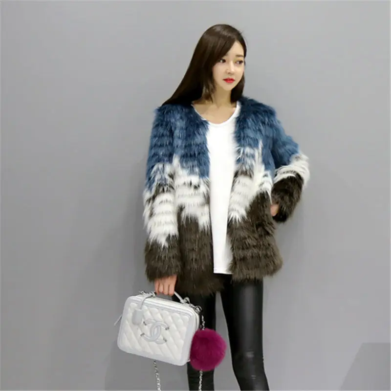 Women's Leather Fur Coat Winter Warm Fur Mid-Length Color Stitching Thickened Coat Artificial Furry Coat Faux Fur Coat