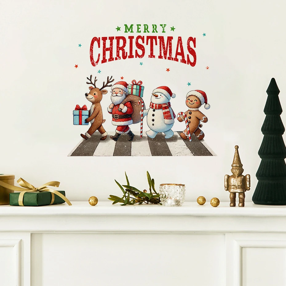 Наклейка на дверь с рисунком Санта-Клауса лося снеговика наклейка окно стену
