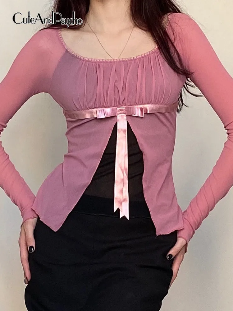 

Cuteandпсиходелическая милая розовая футболка с длинным рукавом Сказочный бант Эстетическая Женская одежда с разрезом Элегантная Модная винт...