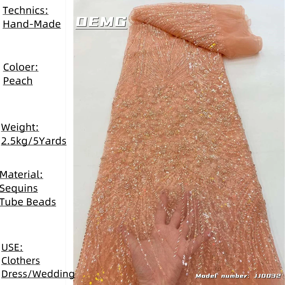 

OEMG Fashion Women's High Quality 5Yards Luxury Handmade Sewing Materials 2022 Nigeria Mesh Lace Fabirc For Bride Dress JJ0032