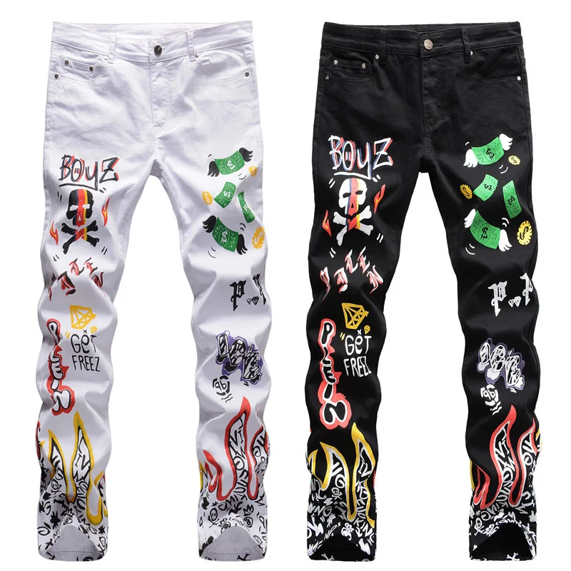 

Vintage Original Print Slim Jeans Men's Jeans Skinny Streetwear Motorcycle Jeans Pants Hip Hop Jeans Men's Camping Jeans