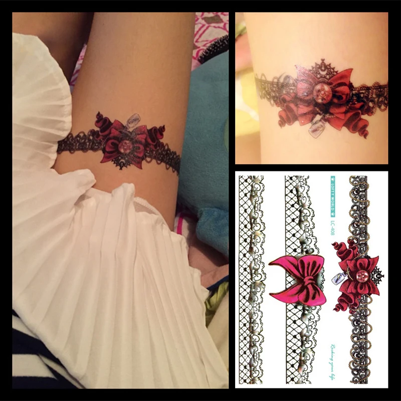 

Leg Water Transfer Tattoo Sexy Lace and Gun Design Fake Body Art Temporary Tattoo Stickers For Women