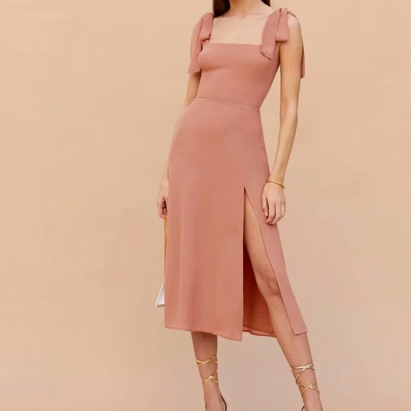 

Women's 2022 Summer Retro Tube Top Temperament Strap Suspenders Square Neck Slit Long Skirt A-line Skirt Pink Sexy Chiffon Dress