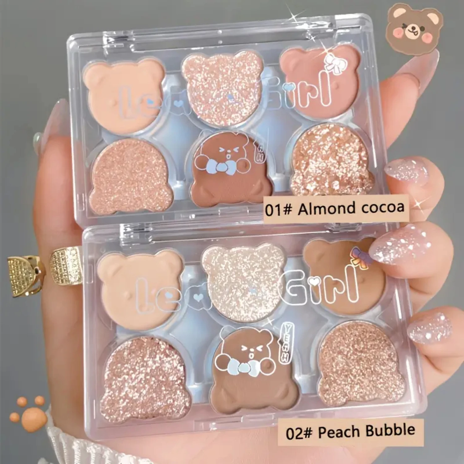 Bright 6-Color Long Lasting Shiny Glitter Eyeshadow Contouring Powder Tray - Bear Plate Eye Shadow Palette for Girls 6 in 1