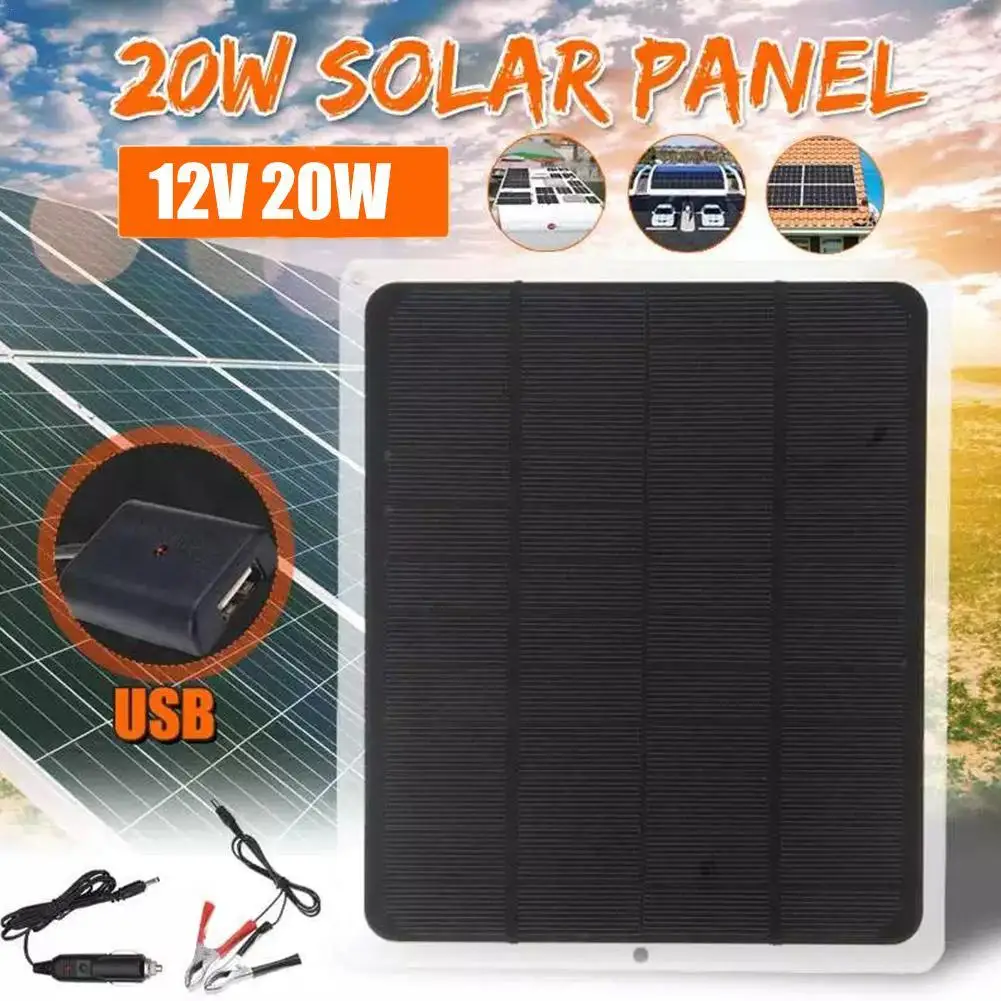 

12V DC and USB 5.0V 20W Solar Panel 12V Trickle Charge Battery Charger Maintainer Marine RV Car T-IT Black
