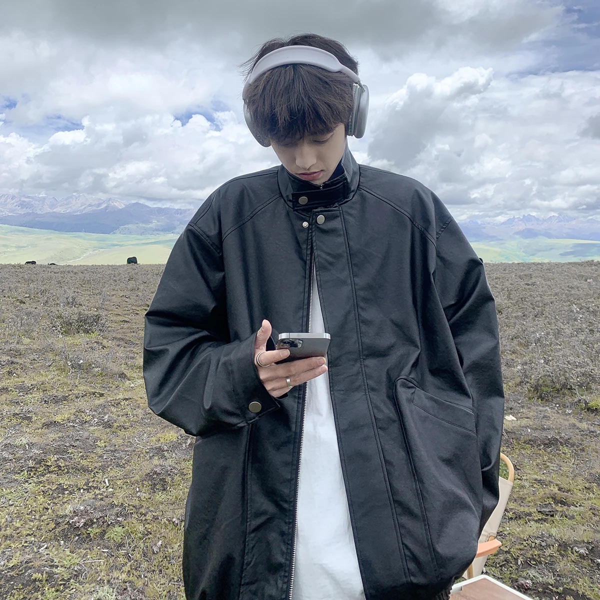 

MrGB Stand Collar Men Leather Jackets Casual Hip Hop Autumn Korean Style Loose Outerwear Retro Male Fashion Coats Harajuku