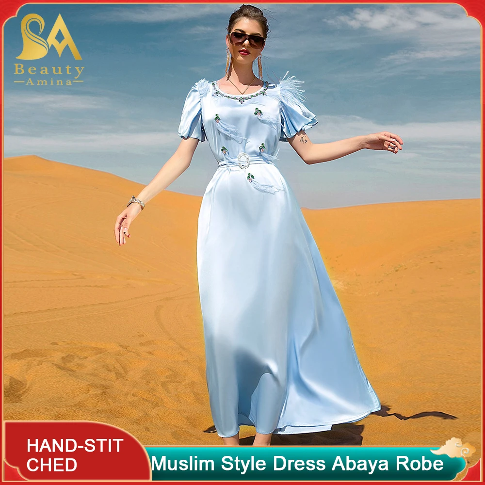 Muslim Long Dress Light Blue Satin Dress Hand Sewn Drill Muslim Style Women Festive Dress Islamic Robe National Dress Abaya Robe