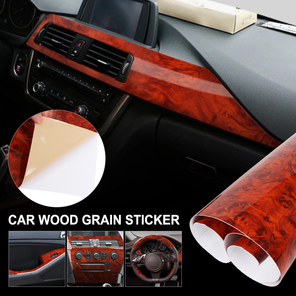 

100x40cm Car High Glossy Maroon Color Sticker Auto Self-adhesive Wood Grain Textured Car Vinyl Wrap Film Car Internal Stickers