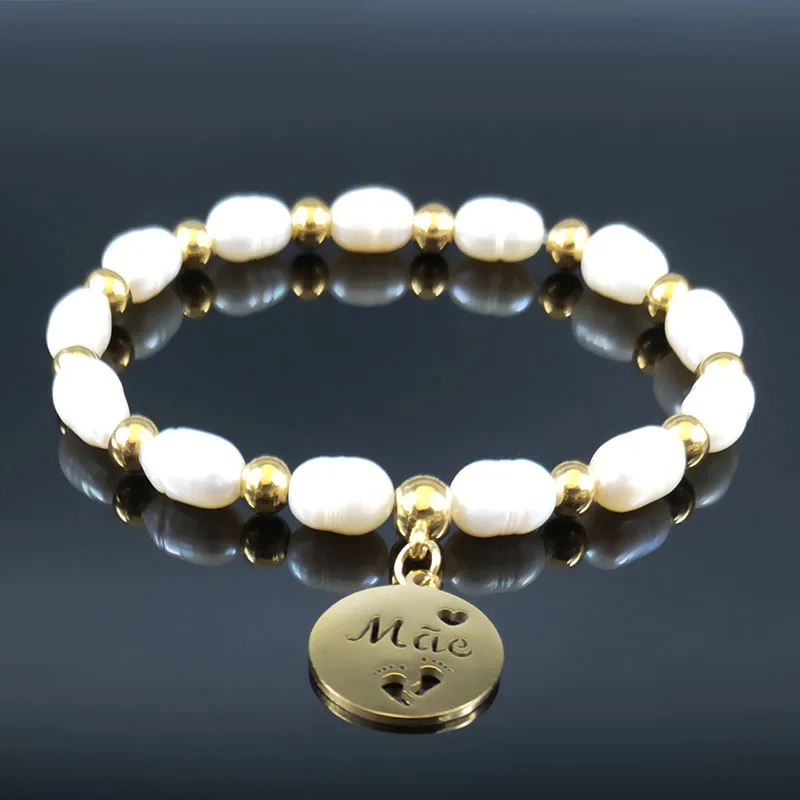 

Love Mom Mae Stainless Steel Freshwater Pearls Bracelets Bangles Gold Color Family Bracelet Jewelry pulseira feminina B18648S07