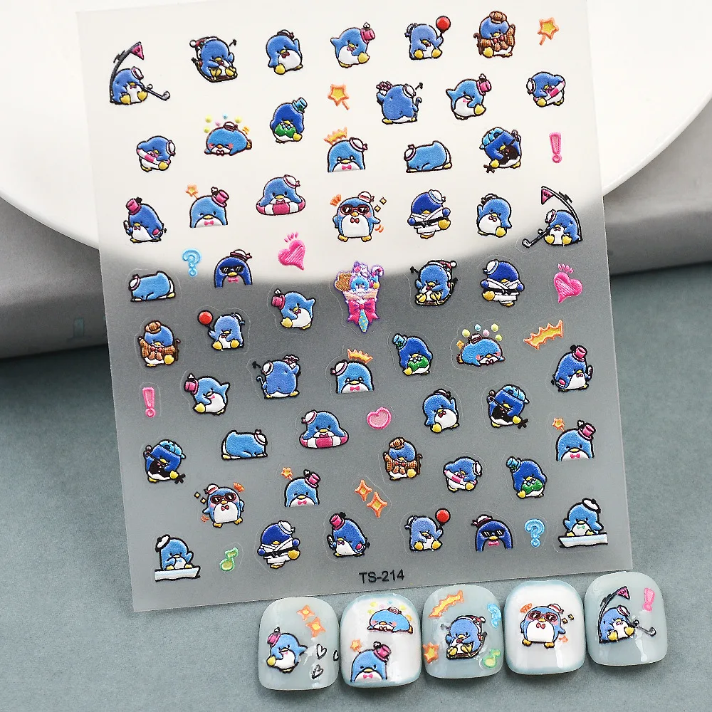 

Cartoon Series Embossed Nail Art Sticker 5D Blue Penguin Pattern Design Decor Ultra Thin Charm Sliders Manicure Decal Nails Tips