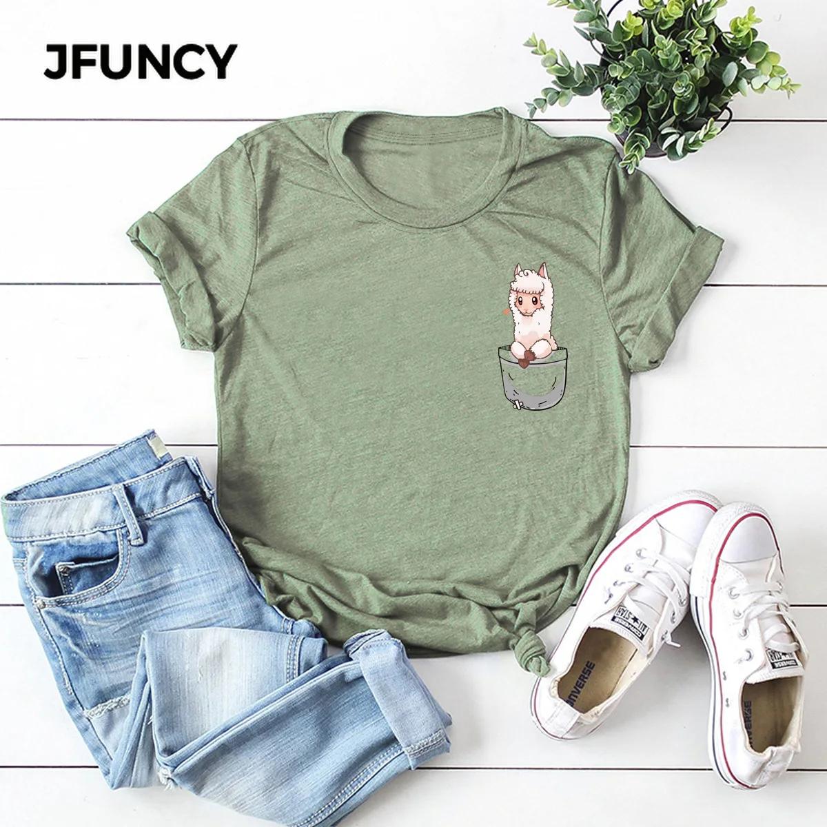 JFUNCY Cartoon Pocket Print  Women Loose Tees Tops 100% Cotton Summer Shirts Woman T-Shirt Fashion Female Casual Tshirt