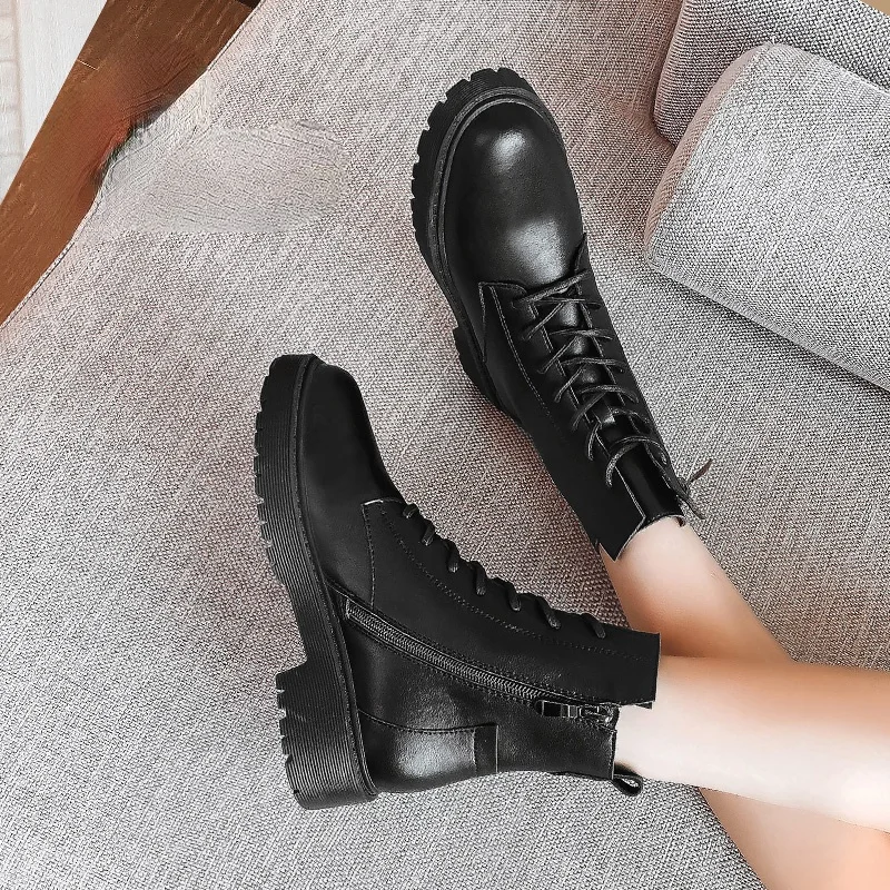 

Winter Women Ankle Boots Black Leather 2022 Fashion Autumn Warm Fur Motorcycle Non-slip Waterproof Female Platform Boots Shoes