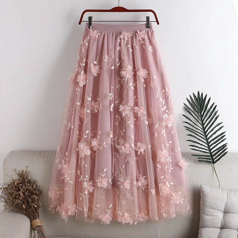 

Embroidery High-Waisted Mesh Skirt Elastic Waist Mid-Length Korean Fashion Faldas Mujer Moda Skirts Casual All-Match Dropship