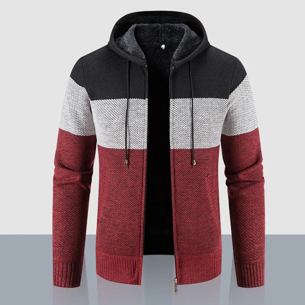 

Men Hooded Sweater Coat Color Block Long Sleeve Drawstring Slim Fit Autumn Winter Plush Lining Knitted Cardigan Sweater Streetwe