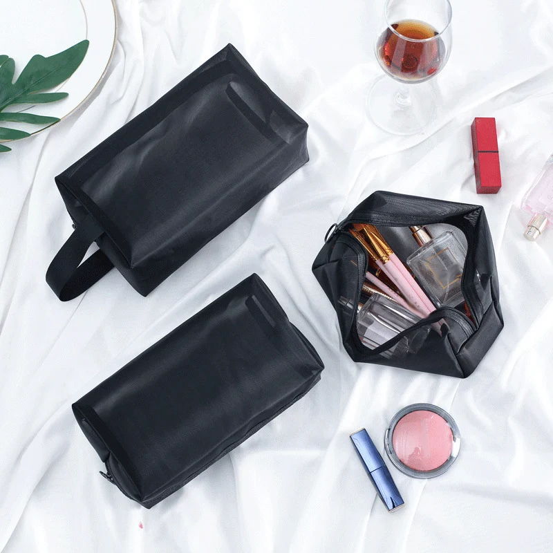

Free Shipping Women Mesh Small Large Transparent Make Up Bag Clear Black Makeup Bag Travel Toiletry Cosmetic Organizer Bag