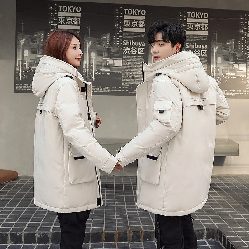White goose down jacket 2021 winter new Korean version of the trend of young lovers tooling casual medium long down jacket coat