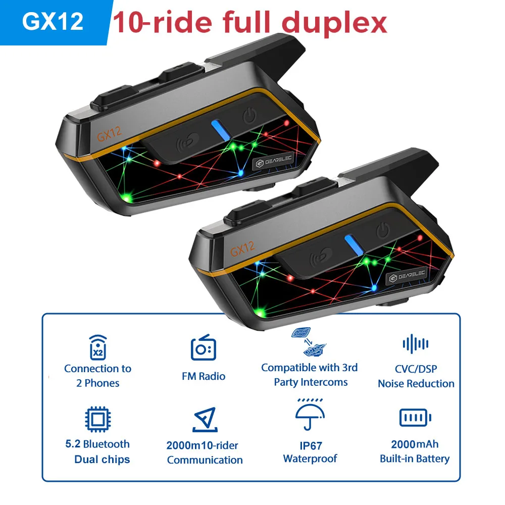 

Мотогарнитура GEARELEC GX12 для шлема, Bluetooth, 2000 м, 2-10 водителей