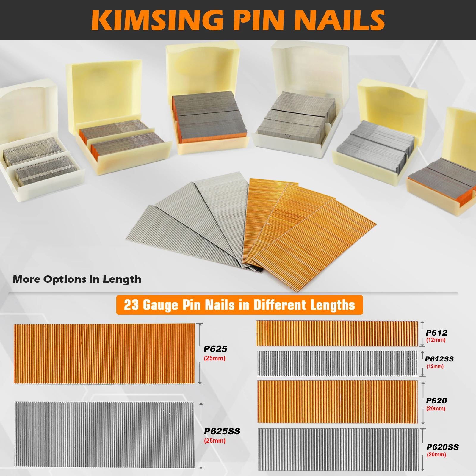 KIMSING P620 P620SS 23 Gauge Copper Coating or Stainless Steel Material Headless Pin Nail for Woodworking Cabinets Doors